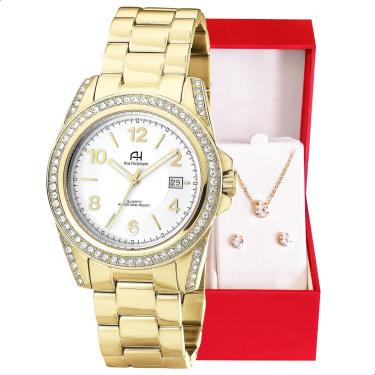 Imagem de Relógio Feminino Champion Ana Hickmann Analógico Dourado A Prova D'Água AH20159H Cristais Colar e Brincos