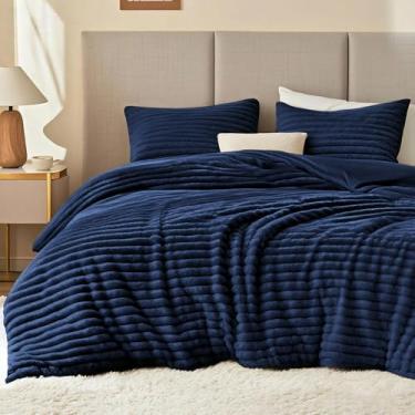 Imagem de EXQ Home Conjunto de edredom fofo de jacquard listrado de pele sintética supermacia, 3 peças, conjunto de cama quente de inverno, 1 edredom com 2 fronhas