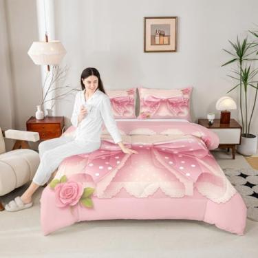 Imagem de Jogo de cama infantil com gravata borboleta Kawaii, tamanho Queen, com estampa de bolinhas, renda e flor rosa, edredom com estampa de princesa, bege, rosa, 2 fronhas
