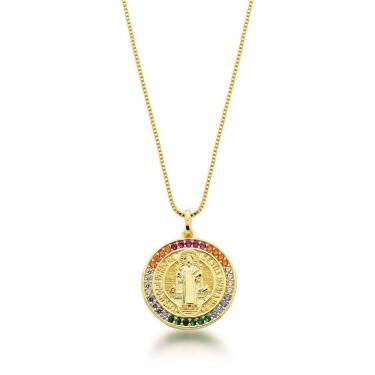 Imagem de Colar Redondo Zirconias Coloridas Feminino Banhado A Ouro 18k