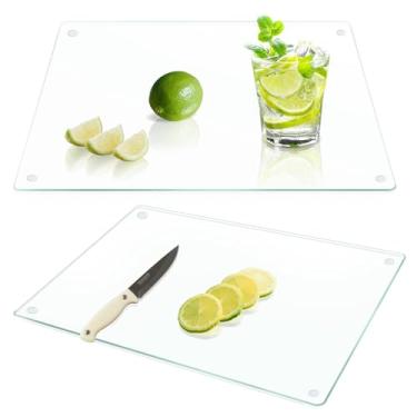 Imagem de Yuzeyurun Tábuas de corte de vidro temperado para cozinha, conjunto de 2, conjunto de tábuas de corte de vidro de 40.6 cm x 30.5 cm, tábuas de cortar transparentes com pé antiderrapante, resistente ao