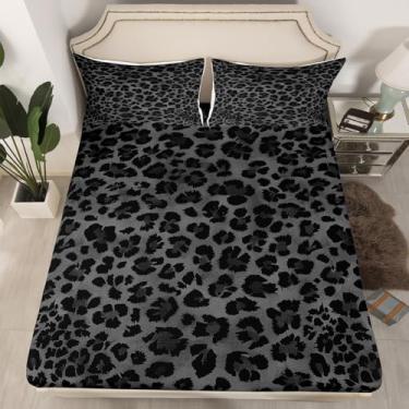 Imagem de Feelyou Jogo de lençol casal com estampa de animal de leopardo, preto e cinza, para decoração de quarto, safári, 3 peças