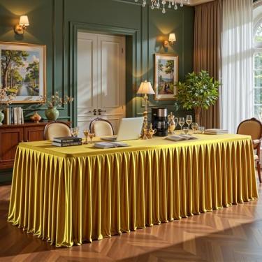 Imagem de Toalhas de mesa de cetim douradas, retangulares, 2,8 m, com glitter, elastano, elástico, sem rugas, saia de mesa brilhante para casamentos, festas de chá de bebê, banquetes, eventos de fornecedores