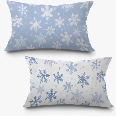 Imagem de Exqcom Conjunto de 2 capas de travesseiro de inverno com floco de neve de Natal azul, 30 x 50 cm, decoração de floco de neve de Natal, inverno, férias, para casa, sala de estar, quarto, sofá