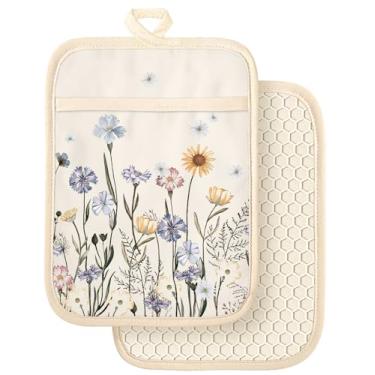 Imagem de Slohif Conjunto de 2 suportes de panela 100% algodão – Flores em aquarela resistentes ao calor, forno, almofadas quentes para cozinha, cozinha, cozinha, cozinha, micro-ondas, churrasco