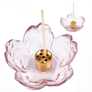 Imagem de CREATCABIN Coluna de suporte de cinzas de incenso em latão com 9 furos elegante flor flor vidro tigela de mergulho conjunto apanhador de queimador de cinzas para ioga, spa, meditação, casa, mesa