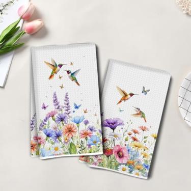 Imagem de 2 peças de toalhas de cozinha artísticas de flores coloridas, toalha de mão de chá super absorvente de pássaros, panos de prato de microfibra para secar pratos, toalhas de prato waffle para cozinha