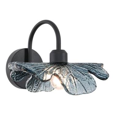 Imagem de Arandela de parede vintage preto fosco luminária de banheiro moderna meados do século Candeeiro de parede flor de vidro azul 1 luz de vaidade sobre espelho arandelas de parede de quarto para quarto
