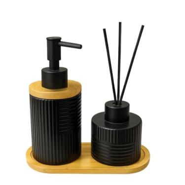 Imagem de Kit Banheiro de Cerâmica 2 Peças – Dispenser Porta Sabonete Líquido e Porta Escova de Dente | Ideal para Lavabo e Decoração Elegante(PRETO ABSTRATO)