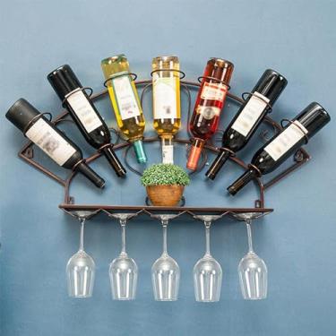 Imagem de Rack de vinho criativo montado na parede, suporte de vinho de metal industrial, prateleira de exibição suspensa para 7 garrafas de vinho, suporte de vinho moderno para decoração de casa, cozinha, sala