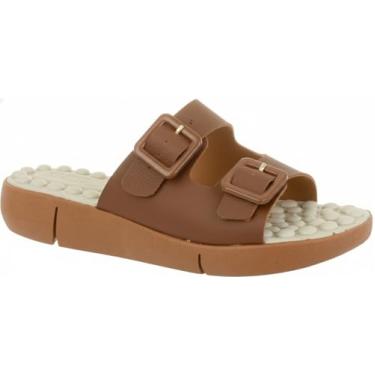 Imagem de Sandália Feminina Conforto em Couro Sintético Marrom com Palmilha Massageadora, Design Anatômico