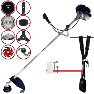 Imagem de Aparador de Grama Toyama RT43LB25A 43cc Com Carretel Nylon + Facas 2 Pontas, 3 Pontas, 6 Pontas, 40 Dentes Vídea, 80 Dentes, Trimmer e Escova de Aço