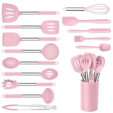 Imagem de Conjunto de utensílios de silicone, Onader 15 peças, utensílios de cozinha com suporte, panelas antiaderentes com alça de aço inoxidável, utensílios de cozinha, presente - rosa