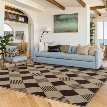 Imagem de JTJ Easy Jute Diamond Tapete de área para sala de estar - Tapete de porta de entrada externa, tapete xadrez xadrez para pátio, quarto, escritório em casa, tecido lavável, bege, preto, geométrico