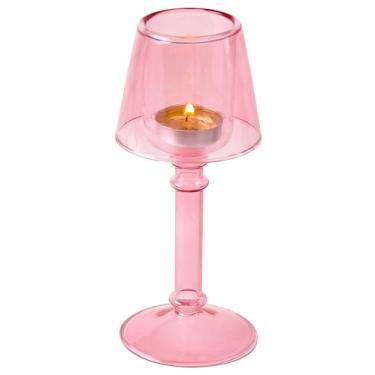 Imagem de Gurfuy Castiçal de vidro rosa Hurricane – Suporte de vela de vidro em forma de lâmpada de mesa de cristal decorativo para mesa de jantar de casamento, centros de mesa, artigos de festa, decoração de