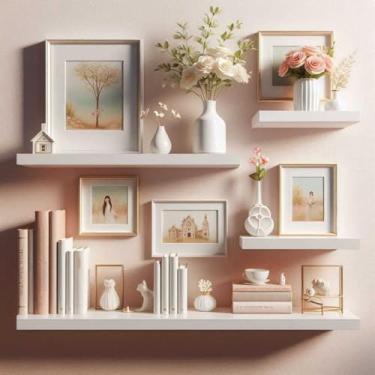 Imagem de KIT 4 Prateleiras + Kit Instalação 45/40/30/20 Nichos Mdf Branco Suporte Decoração(Branco,KIT 4 Prateleiras 45/40/30/20)