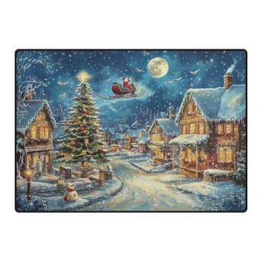 Imagem de Blueangle Tapetes laváveis de Natal 12 x 16,7 cm para sala de estar - Tapete ultramacio antiderrapante resistente a manchas com desenho animado de cidade na neve, decoração de férias para quarto e