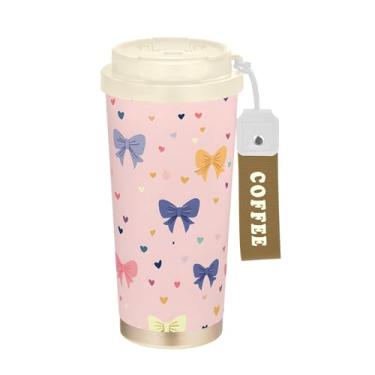 Imagem de SEHANY Linda caneca de viagem rosa com laço de bolinhas 482 g Copos de café reutilizáveis revestidos de cerâmica com tampa à prova de vazamento, parede dupla, isolamento a vácuo, copo de café de aço