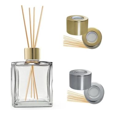 Imagem de Kit 6 Frascos de Vidro Quadrado 100ml para Difusor de Ambiente Aromatizador com Tampas Furadas e Varetas – Luxo e Decoração(Dourada)