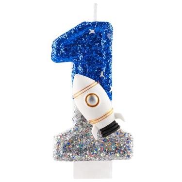 Imagem de Vela de 1º aniversário com glitter foguete espacial número 1 velas de topo de bolo azul prata decoração de feliz aniversário para meninas, meninos, artigos de festa de aniversário