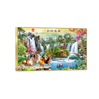 Imagem de Chinoiserie Arte de parede paisagem imagem em tela - cachoeira flores cavalo pássaros - pintura chinesa - impressões de moldura dourada para decoração de casa 20 x 30 cm 8 x 12 pol
