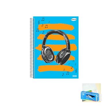 Imagem de Kit Caderno Masculino 10 Matérias Capa Dura 200 Folhas KBOM + Caneta Spiro e Grampeador Alicate