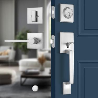 Imagem de EHOMEWARE Conjunto de fechadura de porta frontal de níquel acetinado, maçaneta externa com fechadura única, conjunto de maçaneta de porta de entrada resistente, maçaneta reversível para portas