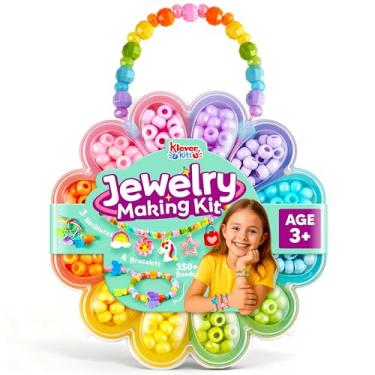 Imagem de Klever Kits Kit de fabricação de joias, kit de fabricação de pulseiras com miçangas, kit de pulseiras de joias infantis, kit DIY com mais de 350 contas coloridas, estojo de armazenamento em forma de