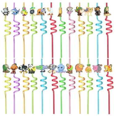 Imagem de Canudos reutilizáveis Italian Brainrot, pacote com 24 — cores sortidas com designs de personagens em estilo meme, lembrancinhas de festa e novidades, opções espirais e retas (curva)
