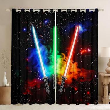 Imagem de jejeloiu Cortina de sabres de luz coloridas (2 painéis, 96 x 137 cm) Espaço sideral infantil 30%-50% blackout Shades Galaxy Window Treatments