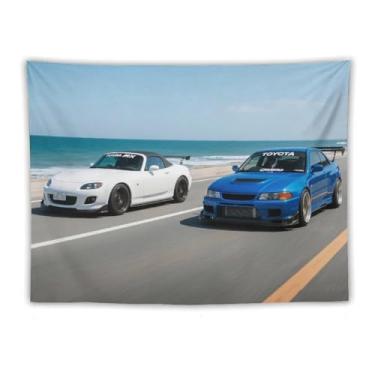 Imagem de HouLaiZhe JDM Tapeçaria de carro Mx5 Vs R34 Seaside Road Racing Jdm pendurado na parede quarto decoração de casa tapeçarias estética piquenique decoração de parede arte de parede para dormitório sala