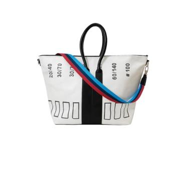 Imagem de Fracking Design Sacola branca reciclada, plástico reciclado e couro, grande bolsa de compras e viagem sustentável com alça removível (preto/branco)