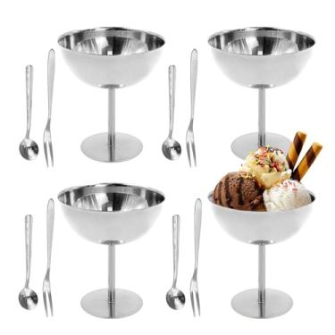 Imagem de YITOBA Pacote com 4 tigelas de sorvete de aço inoxidável, copos de sobremesa pequenos de 200 ml com colheres, lindos pratos de sorvete, tigela decorativa reutilizável com pés para sudae, pudim, salada