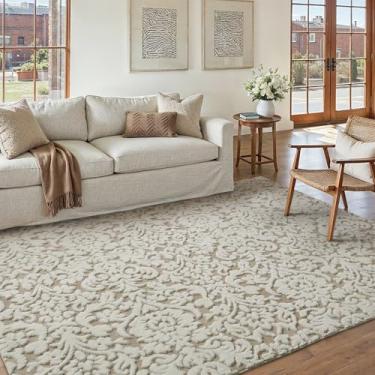 Imagem de WondRg Tapete felpudo lavável marrom e marfim 10 x 15 cm para sala de estar, floral, neutro, macio, antiderrapante, durável, tradicional, vintage, quarto, decoração de casa, sala de jantar, entrada e