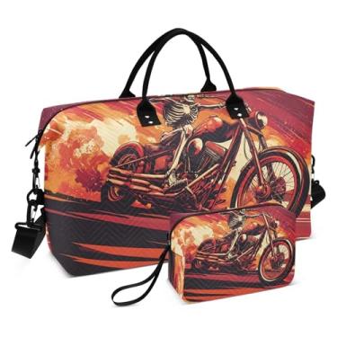 Imagem de STAYTOP Riding A Motorcycle Skull Travel Duffel Bags 2 peças, bolsas esportivas para homens e mulheres, bolsa de ginástica para o fim de semana com bolsa de higiene pessoal
