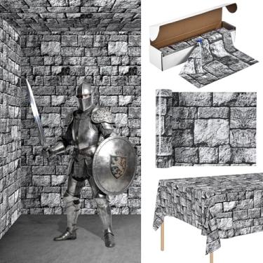 Imagem de ARQRHTLY Toalha de mesa de parede de pedra com caixa de corte, capa de mesa de plástico descartável com estampa de tijolos antigos cinza para casamentos, piqueniques, banquetes, fazendas e eventos
