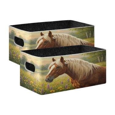 Imagem de Burbuja Caixa de armazenamento dobrável de paisagem com cavalo com alças – Caixa de armazenamento de feltro para organizar brinquedos, livros, maquiagem, panos, meias em prateleira, armário, quarto, 2