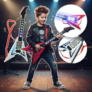 Imagem de Guitarra Infantil Rock Branco Vermelho Brinquedo Instrumento Musical M