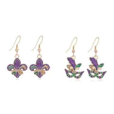Imagem de 2 pares de brincos femininos de carnaval com glitter, máscara de flor de lis, brincos pendentes boho feitos à mão, roxo, verde, acessórios de joias para desfile de carnaval, Medium, Liga de aço, Sem