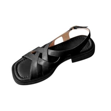 Imagem de Sandálias de praia estilo romano, cor sólida, bico quadrado, para mulheres, casual, verão, moda, sem fecho, calçado confortável, Preto, 35