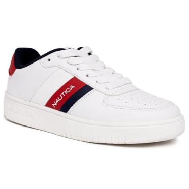 Imagem de Nautica Tênis infantil masculino de cano baixo com cadarços: sapatos elegantes para jovens - ideais para tênis e caminhadas (criança grande), Branco, vermelho, azul-marinho - Noven, 2 Little Kid