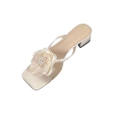 Imagem de Chinelos femininos de salto baixo com detalhe de flor e bico quadrado com design de cor sólida e estilo casual confortável, Branco, 35