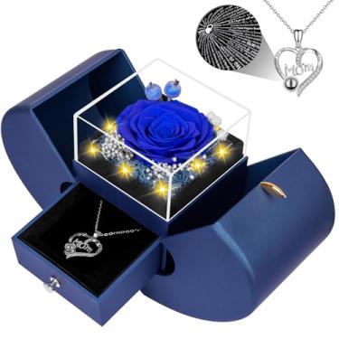 Imagem de Presentes para mãe de filha e filho, ideia única de presente de aniversário para mãe, rosas reais preservadas com eu te amo em 100 idiomas colar para mãe, presente legal para mãe mamãe - azul