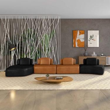 Imagem de Sofá Ilha Sala de Estar Dakota 4 Módulos 626cm Encostos Almofadas Soltas PU Preto/Caramelo G33 - Gran Belo