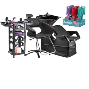 Imagem de Kit Salão de Beleza Cadeira Manual + Lavatório com Cuba + Carrinho Auxiliar + 9 Escovas - Dompel