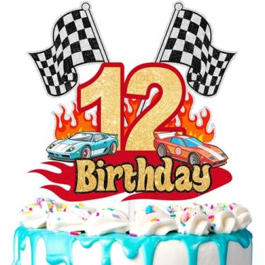 Imagem de Topo de bolo de carro de corrida infantil 12º tema de corrida feliz aniversário bandeira quadriculada decorações de estrada meninos e meninas piloto festa de aniversário carro temático roda de festa