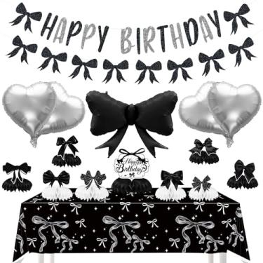 Imagem de Decorações de feliz aniversário com laço preto - decorações de festa melody fantasy arco com peças centrais de favo de mel, banner, toalha de mesa, topos de bolo, balão de folha de coração para