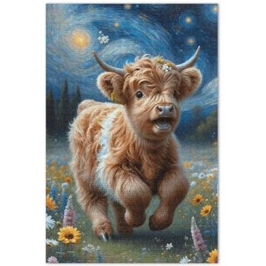 Imagem de Quebra-cabeça personalizado de vaca Highland com flores de bezerro 1000 peças, presentes para adultos, para jogo de elefante branco, cenário de outono, pintura de paisagem, 75 x 40 cm
