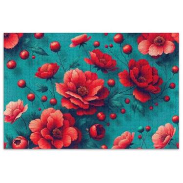 Imagem de Quebra-cabeça de flores vermelhas vívidas azul-petróleo turquesa 500 peças para adultos presentes de elefante branco quebra-cabeças exclusivos brinquedos familiares arte