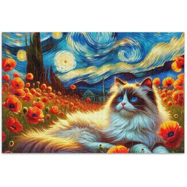 Imagem de Ragdoll Quebra-cabeça com flores noturnas estreladas para adultos, 500 peças, pintura animal, quebra-cabeças legais para adultos, amigos, família, jogos, presentes, 51 x 35 cm